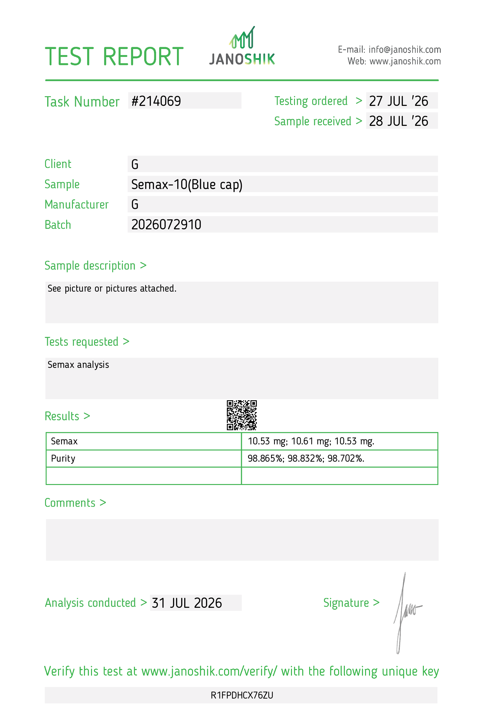 Certificat d'analyse indépendant du lot Semax 10 mg